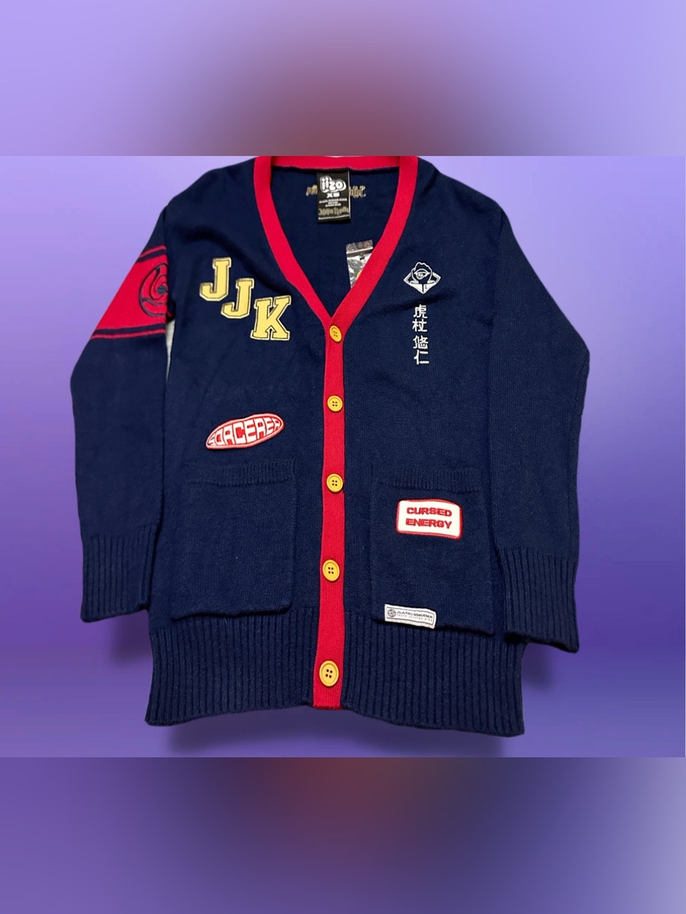 JUJUTSU KAISEN Navy Cardigan with Red Trim & Playful Patches XS